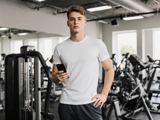 헬스장에서 운동복을 입고 스마트폰을 한 손에 들고 허리에 다른 손을 대고 있는 젊은 유럽계 남성, 편안하고 여유로운 느낌을 주며 밝고 활기찬 헬스장 배경과 함께합니다.