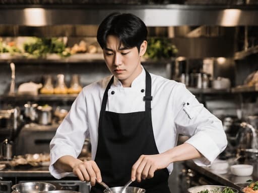 10대 초반의 한국인 남성 요리사가 흰색 요리사 복과 검은색 앞치마를 입고, 활기찬 레스토랑 주방에서 다양한 요리 재료와 도구들 속에서 불만스러운 표정을 지으며 주방 기구를 스트레칭하며 사용하는 모습.