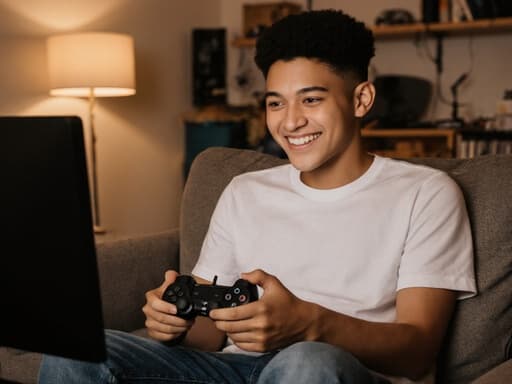 10대 초반의 혼혈 남성이 아늑한 방의 소파에 편안하게 앉아 T셔츠와 청바지를 입고 있습니다. 그는 즐거운 표정을 지으며 게임 컨트롤러를 들고 화면을 집중해서 바라보고 있으며, 주변에는 게임 관련 장비들이 놓여져 있습니다.