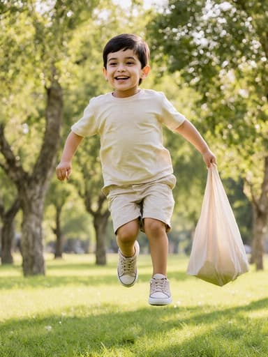 밝고 순수한 표정을 가진 3살 중동계 남아가 전체 몸을 담은 샷으로 촬영되었으며, 화려한 색상의 티셔츠와 반바지를 입고, 양손에 가방을 들고 점프하며 순수한 미소를 짓고 있습니다. 푸른 잔디와 나무들이 있는 햇볕이 비추는 공원에서 촬영되었습니다.