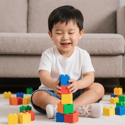 밝은 피부톤을 가진 귀여운 3세의 동양인 남아의 반신 샷. 그는 편안한 티셔츠와 반바지를 입고 있으며, 캐주얼한 슬리퍼를 신고 있습니다. 졸린 표정을 지으며 눈을 반쯤 감고 입꼬리가 살짝 올라가 있습니다. 아이는 바닥에 앉아 다채로운 장난감 블록을 가지고 놀고 있으며, 작은 손으로 블록을 쌓으려 하고 있습니다. 아늑한 거실 배경에는 소파와 흩어진 장난감들이 있어 아이의 놀이터처럼 보입니다. 부드럽고 자연스러운 조명이 장면의 매력을 더하고 있습니다.