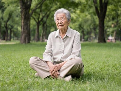 80대 아시아계 여성의 반신 사진으로, 편안한 면 소재의 블라우스와 바지를 착용하고 무릎 위에 손을 올린 채 크로스 레그로 앉아 있으며 지루한 표정을 짓고 있습니다. 배경은 푸르른 나무와 잔디가 어우러진 조용한 공원입니다.