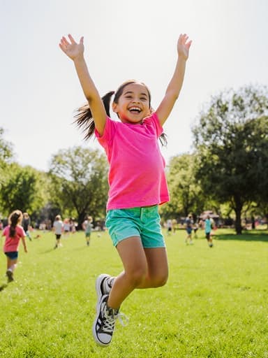화사한 티셔츠와 반바지를 입고 하늘을 향해 손을 올리며 즐겁게 점프하는 귀여운 7세의 라틴계 소녀가 푸른 공원에서 놀고 있는 모습, 주변에는 다른 아이들이 놀고 있어 어린 시절의 행복한 본질을 포착합니다.