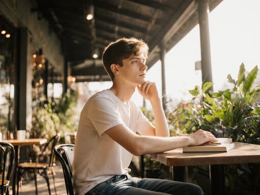 10대 초반의 백인 남성이 카페에서 반신 촬영된 모습입니다. 그는 자연스러운 외모에 캐주얼한 티셔츠와 청바지를 입고 있습니다. 책을 손에 들고 카페 테이블에 기대어 고민하는 표정을 지으며 깊은 생각에 잠긴 모습으로, 따뜻한 햇살이 비치는 베란다와 녹색 식물들이 어우러져 아늑하고 매력적인 분위기를 만들어냅니다.