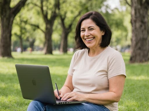 40대의 밝고 행복한 라틴계 여성이 공원에서 편안하게 앉아 있는 반신 촬영. 그녀는 청바지와 밝은 색의 티셔츠를 입고 있으며, 무릎 위에 놓인 노트북에 글을 쓰고 있습니다. 그녀의 표정은 따뜻함과 긍정적인 에너지를 발산하며, 자연광은 장면의 생동감을 높여주고 있습니다. 푸른 잔디와 나무들이 어우러진 평화로운 배경 속에서 그녀가 주목받고 있습니다.