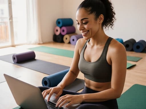 20대 라틴계 여성이 편안한 요가복을 입고 노트북을 활용하여 요가 수업 자료를 정리하는 모습의 반신 사진. 아늑한 요가 센터 내부에서 밝은 조명과 다양한 요가 매트가 배치된 공간이 특징입니다.