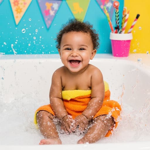 즐거운 표정의 1세 혼혈 여성 아기가 밝고 아기자기한 욕실에서 크로스 레그로 앉아 있습니다. 밝은 색상의 목욕용 수건을 두르고 물놀이를 즐기며 행복하게 웃고 있는 모습이 생동감 넘치고 매력적인 장면을 만듭니다.