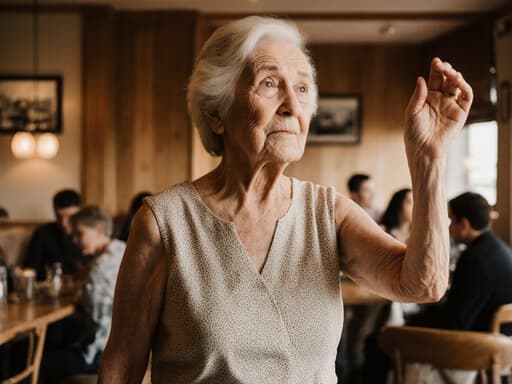 아늑한 카페 배경에서 편안한 여름 원피스를 입고 걱정스러운 표정으로 손을 들어 올리며 춤추는 자세의 80대 혼혈 여성의 반신 사진.