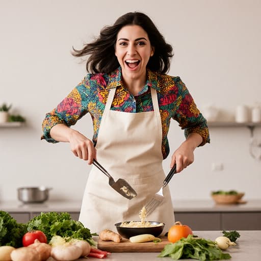 30대 중동계 여성이 화려한 셔츠와 주방용 앞치마를 착용하고, 주방 도구를 들고 점프하며 요리를 즐기는 모습의 반신 촬영입니다. 신선한 재료들로 가득한 활기찬 주방이 배경으로, 그녀의 요리에 대한 열정과 에너지를 담고 있습니다.