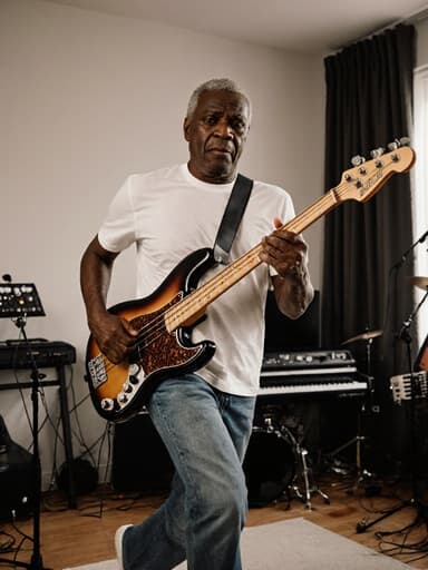 60대의 흑인 남성이 편안한 티셔츠와 청바지를 입고 악기를 들고 달리고 있는 전신 샷입니다. 그는 짜증난 표정을 짓고 있으며, 배경은 음악 장비로 가득 찬 현대적인 거실입니다. 음악과 동작의 주제를 강조하고 있습니다.