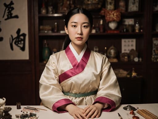 전통 한복을 입은 젊은 라틴계 소녀가 테이블에 앉아 침 치료 도구에 집중하고 있으며, 다양한 치료 도구로 가득 찬 따뜻하고 매력적인 한방 치료실에 둘러싸여 있습니다.