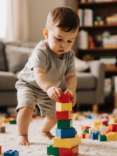 아늑한 거실에서 편안한 티셔츠와 반바지를 입은 1세 유럽계 남자아이가 블록을 바라보며 지루한 표정을 짓고 있는 전신 사진입니다. 그는 색색의 블록을 쌓으려는 시도 중 점프하는 모습으로, 장난감과 책이 흩어져 있는 장난감 놀이 공간의 따뜻한 분위기를 잘 보여줍니다.