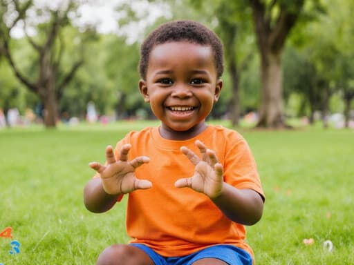 밝은 색상의 티셔츠와 반바지를 입은 귀여운 3세 흑인 남성이 손가락으로 숫자를 세며 즐거운 표정을 지으며 놀고 있는 모습의 반신 사진입니다. 그는 숫자 세기에 진정한 흥미를 보이며 즐거운 자세를 취하고 있습니다. 배경은 푸른 잔디와 나무들이 있는 활기찬 공원으로, 장면의 즐거운 분위기를 더해줍니다.