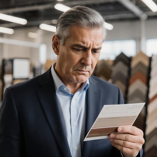 40대 혼혈 남성이 전문적인 블레이저와 셔츠를 입고 건축 자재 샘플을 들고 있으며, 현대적인 설계 공간에서 심각한 표정을 짓고 있는 모습.