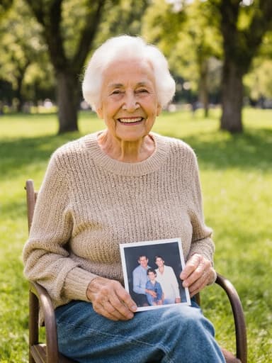 70대 라틴계 여성이 화창한 공원에 앉아 있는 반신 샷으로, 편안한 니트 스웨터와 청바지를 입고 가족 사진을 손에 들고 피곤하지만 따뜻한 미소를 짓고 있습니다. 배경은 푸른 잔디와 나무들로 둘러싸인 풍경입니다.