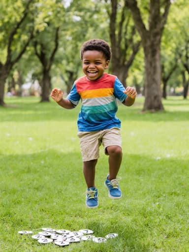 즐거운 표정을 지으며 숫자를 세며 점프하는 컬러풀한 티셔츠와 반바지를 입은 3세의 흑인 남아가 푸른 잔디와 나무가 있는 공원에서 촬영된 전신 샷으로, 어린 시절의 놀이 본질을 발산하고 있습니다.