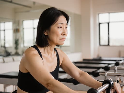 편안한 필라테스 복장을 착용한 40대 아시아계 여성의 반신 사진. 필라테스 용품을 들고 약간 고개를 숙인 채 슬픈 표정을 짓고 있습니다. 밝고 아늑한 필라테스 스튜디오가 배경으로, 그녀의 내면의 감정을 반영하는 매력적인 분위기를 만들어냅니다.