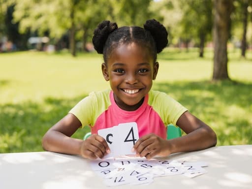 귀여운 웃음을 지닌 7세 아프리카계 소녀가 밝은 색상의 티셔츠와 반바지를 입고 공원의 테이블에 앉아 숫자 카드를 들고 있습니다. 푸르른 배경이 장면의 즐거운 분위기를 더욱 강조합니다.