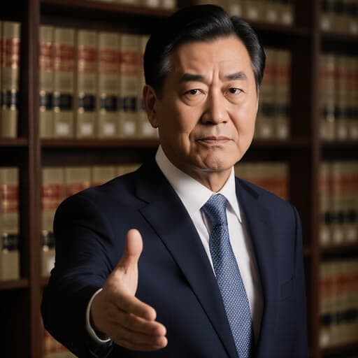 50대 아시아계 남성이 정장과 넥타이를 입고, 고민하는 표정을 지으며 손을 앞으로 내밀어 인사하는 자세의 반신 사진이 있으며, 배경은 법률 서적이 가득한 아늑한 도서관입니다.