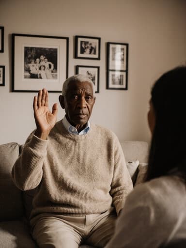 70대의 자연스러운 외모를 가진 아프리카계 남성이 편안한 니트 스웨터와 면 바지를 입고, 가족과의 대화에 집중하며 걱정스러운 표정을 짓고 있는 반신 촬영 이미지입니다. 그는 인사하는 자세로 손을 올리며, 소파와 가족 사진이 있는 아늑한 거실 배경 속에서 가족의 소중함을 강조하고 있습니다.