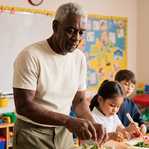 60대 흑인 남성 유치원 교사가 요리 수업을 준비하는 반신 사진. 그는 편안한 티셔츠와 바지를 입고 차가운 표정을 지으며, 장난감과 학습 도구가 가득한 생동감 넘치는 놀이 공간에 둘러싸여 있어 유아 교육의 본질을 포착하고 있습니다.