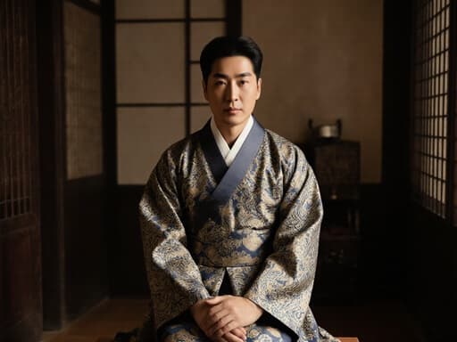이 이미지는 고급스러운 전통 한복을 입고 자신감 넘치는 40대 한국인 남성이 자연스러운 표정을 지으며 크로스 레그로 앉아 있는 모습을 보여줍니다. 전통 한방 의료실의 따뜻한 조명이 평화로운 분위기를 만들어내며 그의 의상의 섬세한 패턴을 강조합니다.