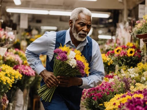 화사한 꽃가게 내부에서 꽃다발을 들고 달리는 60대 아프리카계 남성의 반신 촬영으로, 자연스러운 외모와 함께 약간의 긴장감이 느껴지는 표정을 지니고 있습니다. 화려한 꽃들이 가득한 가게의 분위기가 생동감을 더합니다.