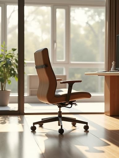 현대적인 사무실 환경에 있는 현대적 인체공학적 의자, 따뜻하고 초대하는 분위기