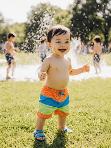 햇빛이 잘 드는 공원의 잔디밭에 서 있는 순수한 미소를 지닌 1세 남자 아기, 동양인이 밝은 색상의 수영복과 슬리퍼를 착용하고 있습니다. 그는 물놀이를 즐기며 주변에서 물이 튀는 모습과 함께 다른 아이들이 물놀이를 하는 모습이 보이며, 즐거운 분위기를 만들어냅니다.