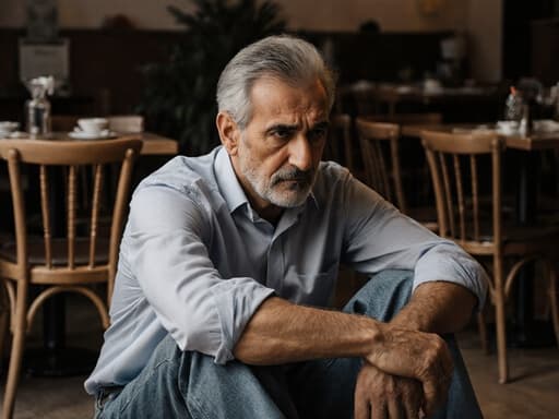50대 중동계 남성이 아늑한 카페 바닥에 앉아 편안한 청바지와 셔츠를 입고 있습니다. 그는 팔을 무릎에 두고 고개를 약간 숙인 채 불안한 표정을 지으며 깊은 고민에 빠진 듯한 인상을 주고 있습니다. 주변의 따뜻한 카페 분위기와 테이블, 의자가 배치되어 있어 장면에 깊이를 더합니다.