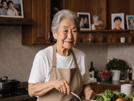 70대의 동양인 여성의 반신 사진으로, 자연스러운 외모를 지니고 있으며, 편안한 주방 앞치마와 티셔츠를 입고 있습니다. 피곤한 듯하면서도 따뜻한 미소를 띠고, 주걱을 들고 가족과 함께 요리하는 모습이 담겨 있습니다. 아늑한 주방은 가족 사진과 조리대 위의 신선한 재료들로 장식되어 있습니다.