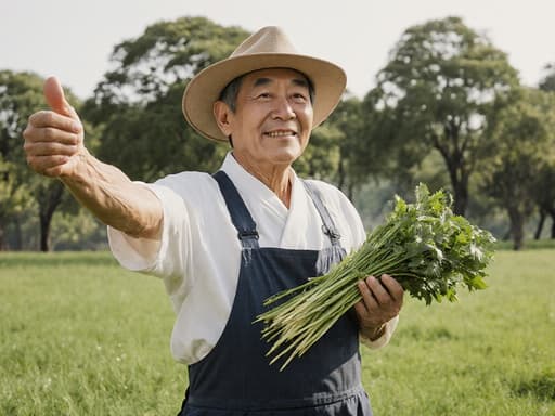 60대 한국인 남성이 전통적인 농부의 작업복을 입고 신선한 농산물을 손에 들고 스트레칭하며, 푸른 잔디와 나무가 어우러진 공원 배경에서 농사에 대한 사랑과 자부심을 표현하는 모습입니다.