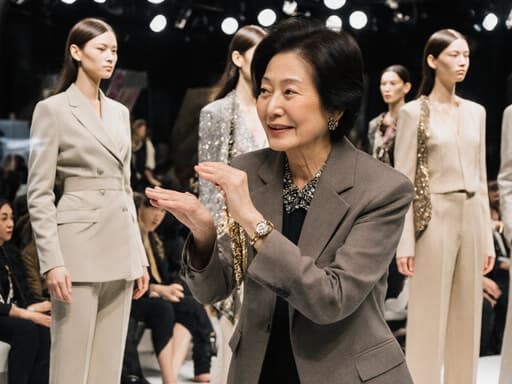 50대의 매력적인 동양인 여성이 자연스러운 아름다움과 자신감을 드러내고 있는 반신 사진입니다. 세련된 패션 의상을 착용하고 있으며, 우아한 액세서리와 잘 어울립니다. 매력적인 미소를 지으며 자신감 있는 표정을 짓고, 편안한 자세로 스트레칭을 하면서 쇼윈도우를 바라보며 패션 쇼핑의 즐거움에 빠져 있습니다. 배경에는 다양한 모델들이 런웨이를 걷고 있는 화려한 패션쇼 장면이 펼쳐져 있어, 패션과 스타일의 주제를 잘 강조하는 생동감 넘치는 분위기를 만들어냅니다.