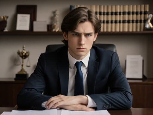 10대 후반의 유럽계 남성이 정장 차림으로 진지한 표정을 지으며 부드럽게 조명된 상담실에 앉아 있습니다. 그는 약간 긴 머리를 가지고 있으며, 테이블 위의 서류를 바라보며 고민에 빠진 듯 보이고, 벽에는 법률 관련 서적과 상장들이 진열되어 있어 전문적인 분위기를 자아냅니다.