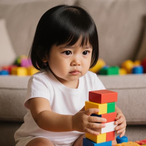 아늑한 거실에 흩어진 장난감들 속에서 귀여운 3세 라틴계 소녀가 두 손으로 조심스럽게 색색의 블록을 쌓고 있으며, 눈을 크게 뜨고 무서워하는 표정을 짓고 있습니다. 편안한 티셔츠와 반바지를 입고 놀기 좋은 분위기를 드러내고 있으며, 따뜻한 조명이 그녀의 표정과 아늑한 배경을 강조합니다.