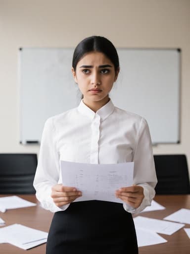 중동계의 10대 소녀가 화이트 블라우스와 블랙 스커트를 입고 시험지를 들고 걱정스러운 표정을 짓고 있는 모습이 회의실에서 여러 개의 시험지와 화이트보드가 있는 배경에서 학문적 긴장감과 기대감을 전달합니다.