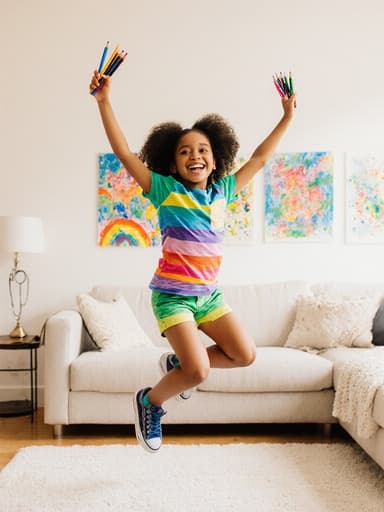 7세 혼혈 여아가 아늑한 거실에서 장난스럽게 점프하며 다양한 색상의 티셔츠와 반바지를 입고 그림 도구를 들고 있는 전신 사진입니다. 벽에는 그녀의 다채로운 그림들이 걸려 있어 창의적인 분위기를 더합니다.