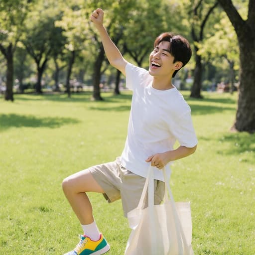 밝은 색상의 티셔츠와 반바지를 입고, 가방을 양손으로 들고 즐겁게 웃고 있는 귀엽고 사랑스러운 한국인 남성의 반신 사진. 푸르른 잔디밭과 나무가 있는 공원에서의 밝은 날이 생동감 넘치고 행복한 분위기를 만들어냅니다.