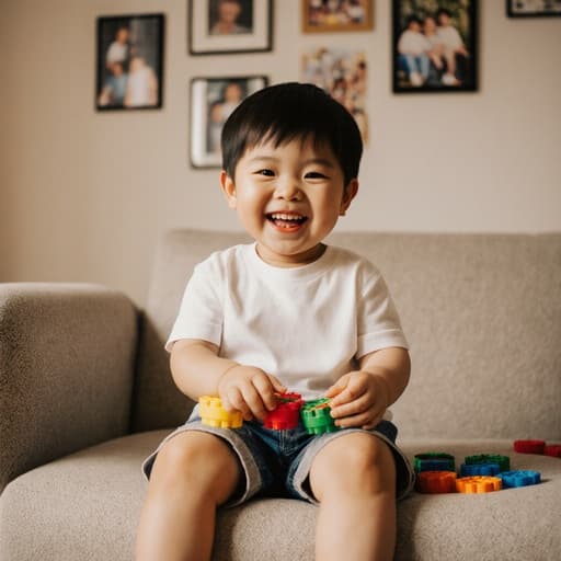 귀여운 3세 동양인 남성이 아늑한 거실의 소파에 앉아 편안한 티셔츠와 반바지를 입고 장난감을 가지고 놀며 즐거운 표정을 짓고 있습니다. 벽에는 가족 사진이 걸려 있어 따뜻하고 친근한 분위기를 더합니다.