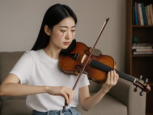 20대 한국인 여성의 반신 촬영이 이루어졌습니다. 편안한 티셔츠와 청바지를 착용하고 있으며, 슬픈 표정으로 눈물이 흐르고 있습니다. 그녀는 악기를 들고 오른손으로 연주하고 있습니다. 배경에는 소파와 책장이 있는 아늑한 거실이 있어 친밀하고 감정적인 분위기를 자아냅니다.