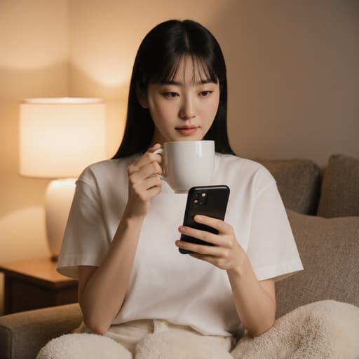 10대 후반의 한국인 여성의 반신 사진으로, 자연스러운 외모를 보여줍니다. 편안한 티셔츠와 슬리퍼를 착용하고 있으며, 스마트폰을 들고 커피를 마시며 비디오 통화에 참여하고 있습니다. 따뜻한 조명이 있는 아늑한 집 안에서 편안한 분위기를 만들어 주며, 차분하고 집중한 표정이 이 편안하고 매력적인 순간의 본질을 잘 포착하고 있습니다.