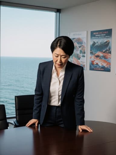 비즈니스 캐주얼 의상을 입은 50대 아시아계 여성이 회의실 테이블에 손을 올리고 깊은 생각에 잠긴 채 절망적인 표정을 짓고 있는 반신 사진. 배경에는 수산물 관련 포스터가 붙어 있는 회의실 내부와 창문 밖으로 보이는 바다가 있다.
