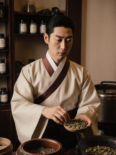 이 이미지는 30대의 진지한 표정을 가진 남성이 전통 한복을 입고 약재를 조심스럽게 다듬고 있는 모습을 담고 있습니다. 따뜻한 조명이 비추는 한의원 내부에서 넓은 소매의 의상이 장면의 진정성을 더하며, 다양한 약재가 진열된 선반과 한증막이 보이는 전통적인 분위기를 강조합니다.