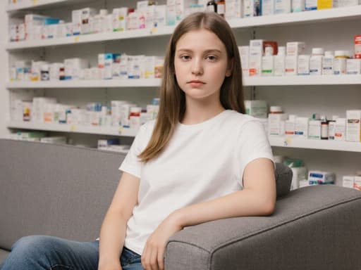 10대 초반의 유럽계 소녀가 편안한 티셔츠와 청바지를 입고 소파에 앉아 팔걸이에 팔을 얹고 무관심한 표정을 짓고 있는 반신 촬영. 배경에는 약국의 상담 공간이 보이며 약품이 진열된 선반이 있어 편안하면서도 매력적인 분위기를 연출합니다.