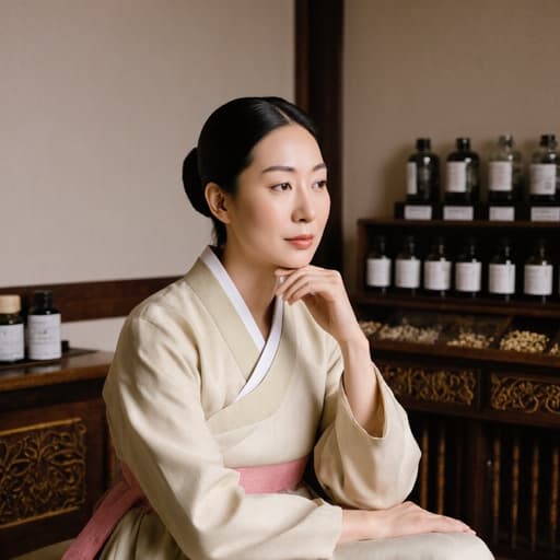 이미지는 전통 한복을 입고 소파에 앉아 있는 40대 동양인 여성의 반신 샷을 담고 있습니다. 그녀는 전통적인 요소와 한방 약재로 가득한 치료실에서 깊은 생각에 잠긴 표정을 짓고 있습니다. 턱을 손으로 괸 모습은 사색의 순간을 표현하고 있습니다.