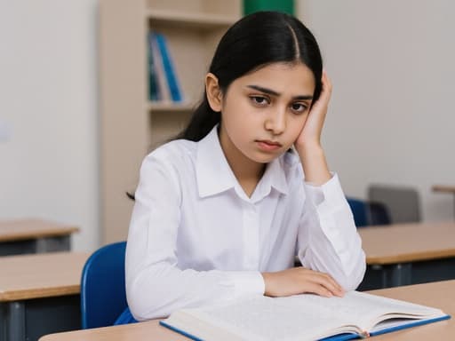 중동계 10대 소녀가 학교 유니폼을 입고 책상에 앉아 교과서를 바라보며 손으로 머리를 짚고 집중하고 있는 모습, 조용한 학습실 배경.
