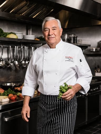 60대 혼혈 남성이 자신감 있게 현대식 주방을 달려가는 모습의 전신 사진으로, 셰프 복과 앞치마를 착용하고 있습니다. 그의 차분한 표정은 전문성을 반영하며, 정돈된 조리 기구와 신선한 식재료가 배경에서 생동감 넘치고 전문적인 분위기를 만들어냅니다.