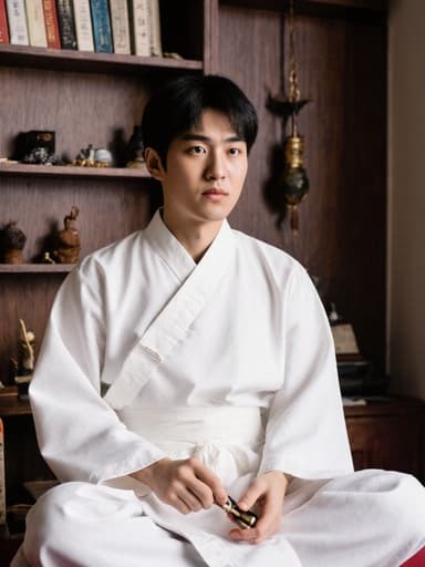 전통 한의원에 앉아 있는 중동계 10대 후반 남성이 흰색 한복을 입고, 뜸 치료 도구를 들고 당황하고 약간 긴장한 표정을 짓고 있으며, 전통적인 기구와 책들로 둘러싸인 아늑하고 진정한 분위기를 만들어냅니다.