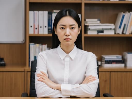 20대 한국인 여성이 교사 사무실의 회의 테이블에 앉아 있습니다. 깔끔한 블라우스와 정장 바지를 착용하고 있으며, 자연스러운 외모에 짜증난 표정을 지으며 팔을 교차하고 있습니다. 배경에는 정리된 책들이 있는 책장이 있어 학문적인 분위기를 더합니다. 부드러운 자연광이 장면의 전체적인 긴장을 강조합니다.