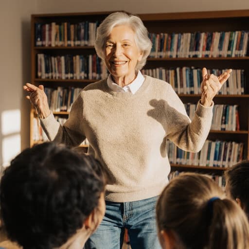 60대 백인 여성의 반신 상반신 사진으로, 자연스러운 외모를 지닌 편안한 스웨터와 청바지를 입고 있습니다. 그녀는 평온한 표정을 짓고 학생들과 따뜻하게 소통하며 점프하는 활기찬 자세를 취하고 있습니다. 배경은 아늑한 도서관으로, 책들 사이로 따뜻한 햇살이 들어오고 있습니다.